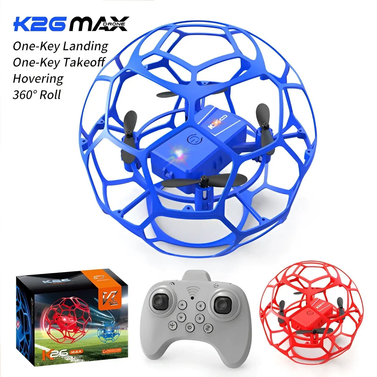 Blue k2g max drone encased in a blue spherical protective cage with black propellers and dual battery for football toy use