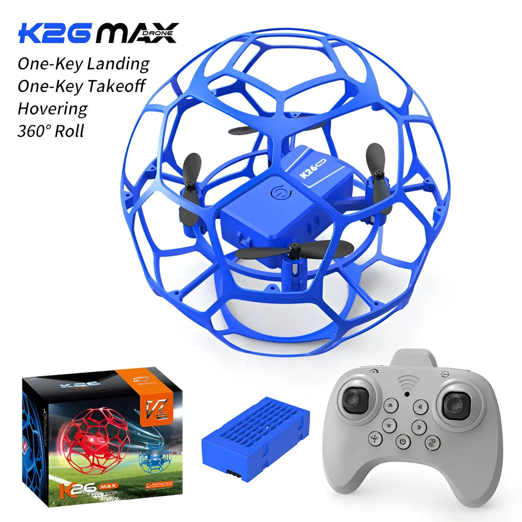 Blue k2g max football drone with four propellers enclosed in a spherical protective cage with visible branding