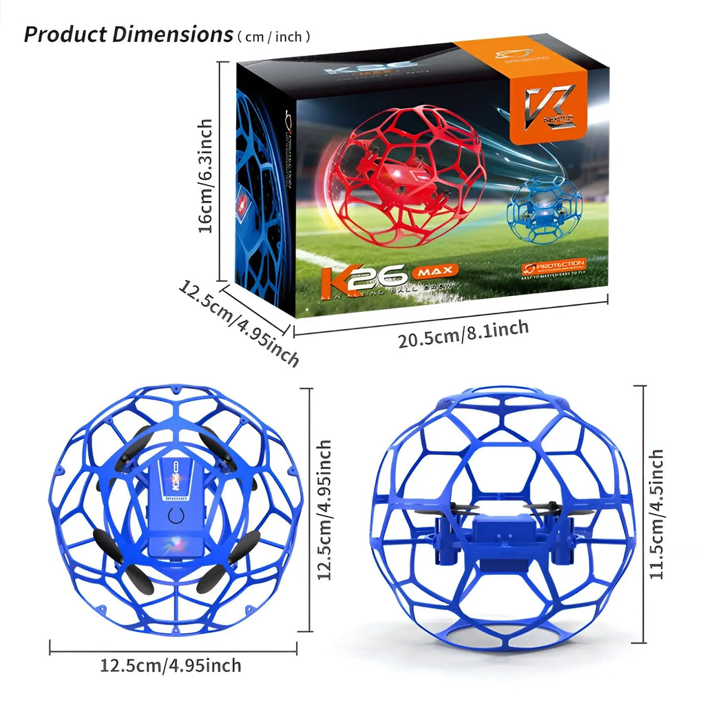 Blue k26 max flying drone encased in a spherical cage with black propellers and illuminated control panel for dual battery use