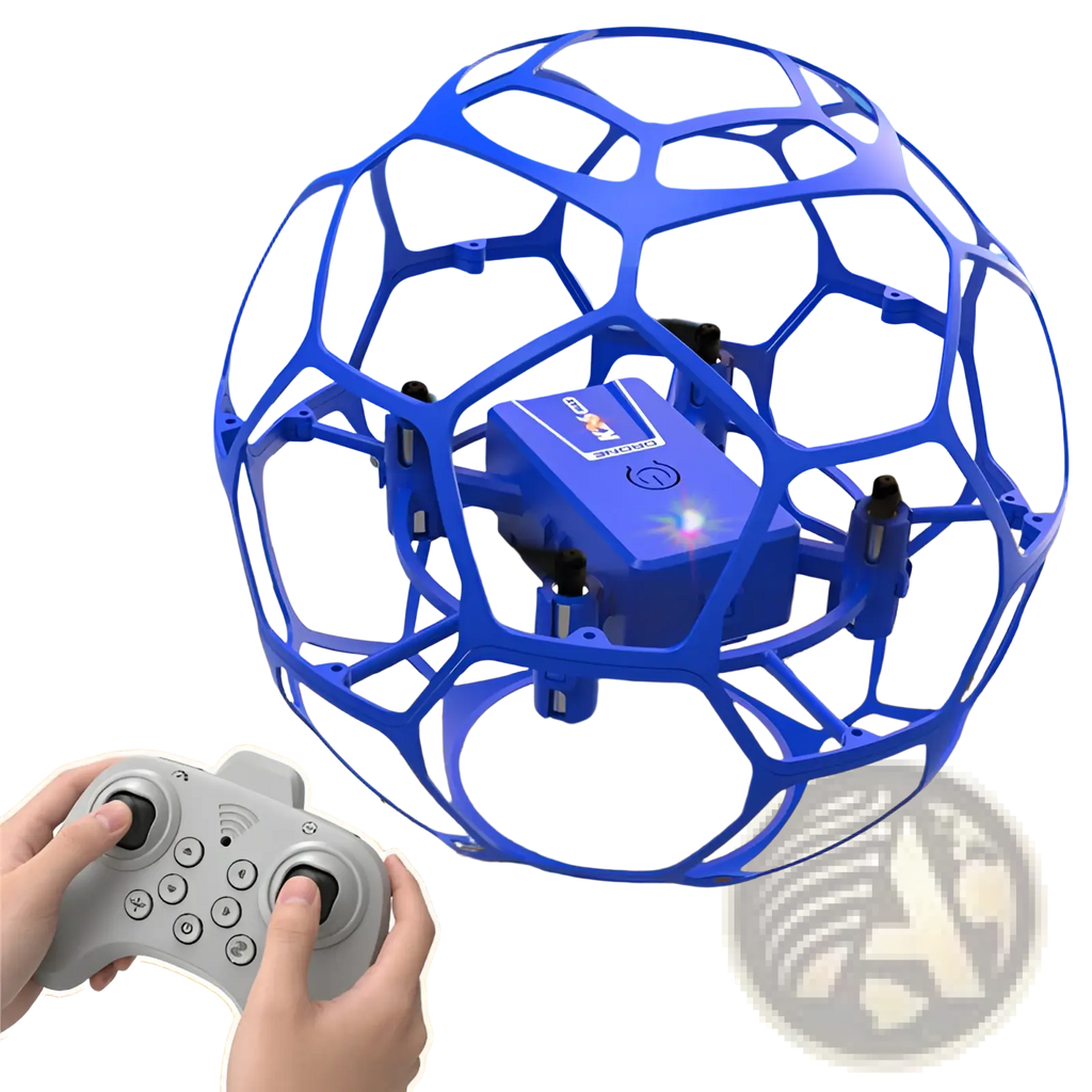 Blue k2g max football drone with dual battery encased in blue spherical hexagonal protective cage for indoor play