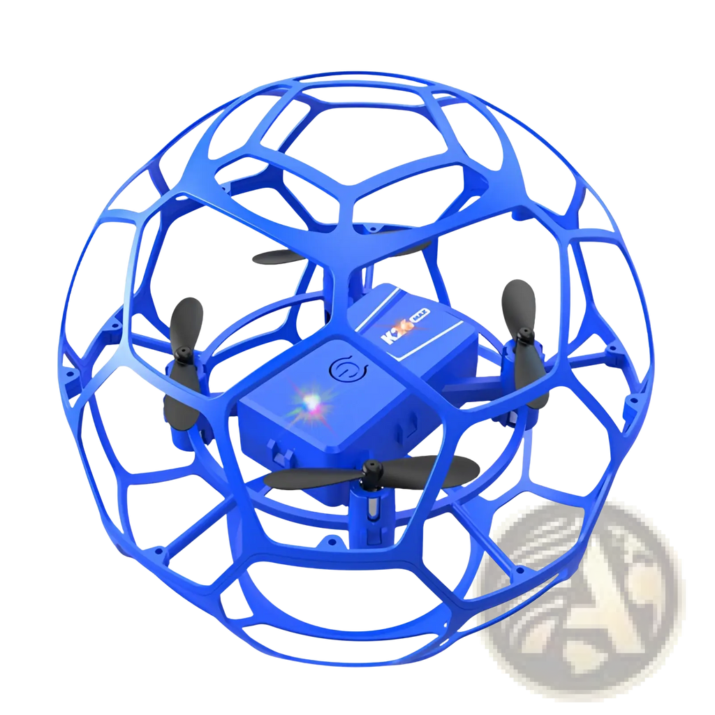 Blue spherical k26 football drone toy with geometric cage and black propellers featuring dual battery system