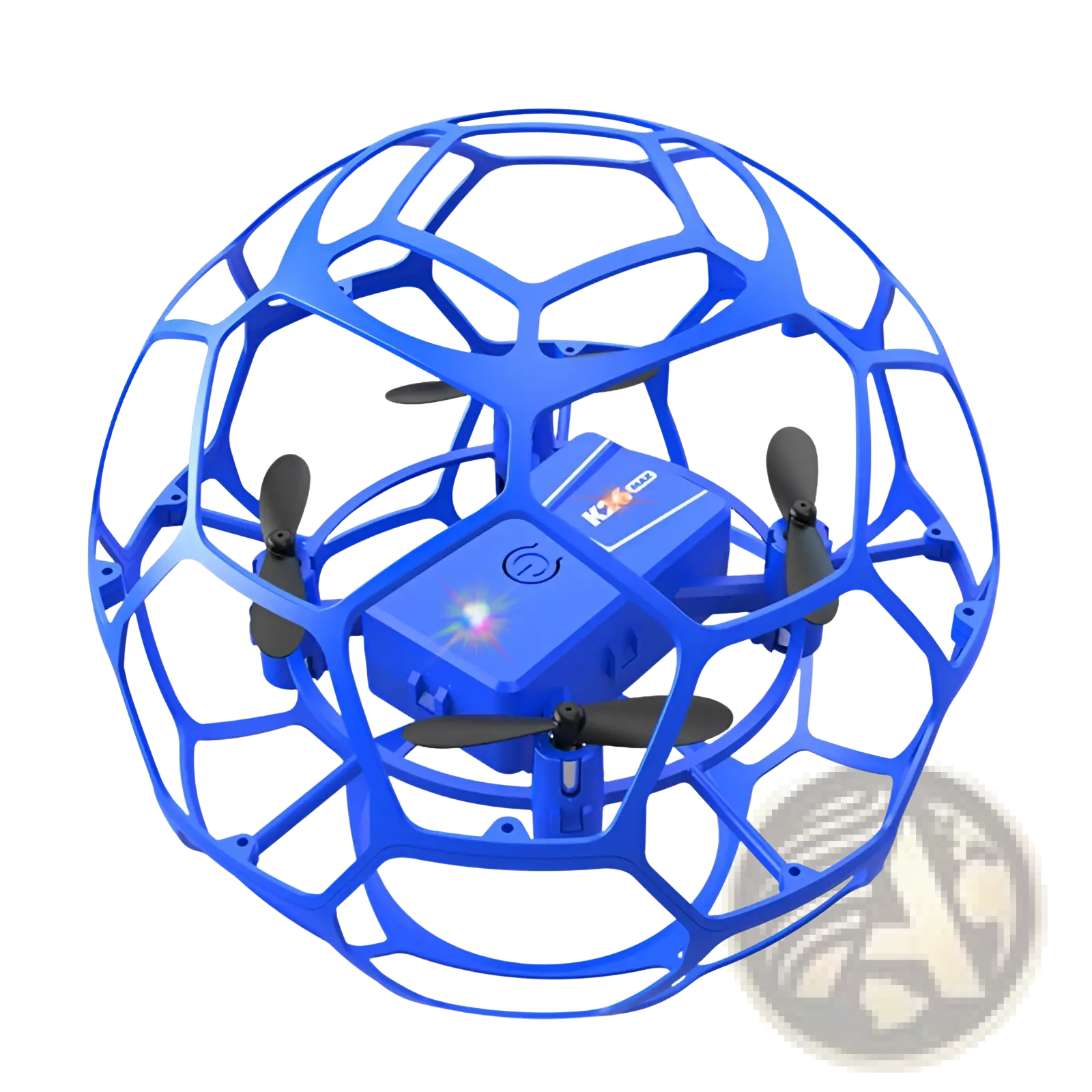 Blue spherical k26 football drone toy with geometric cage and black propellers featuring dual battery system
