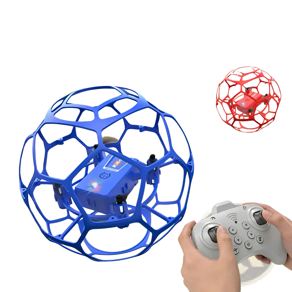 Blue k2g max football drone encased in a blue spherical geometric cage with a red version nearby and dual battery
