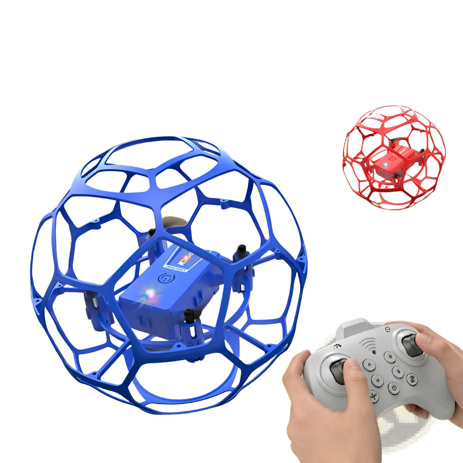 Blue k2g max football drone encased in a blue spherical geometric cage with a red version nearby and dual battery