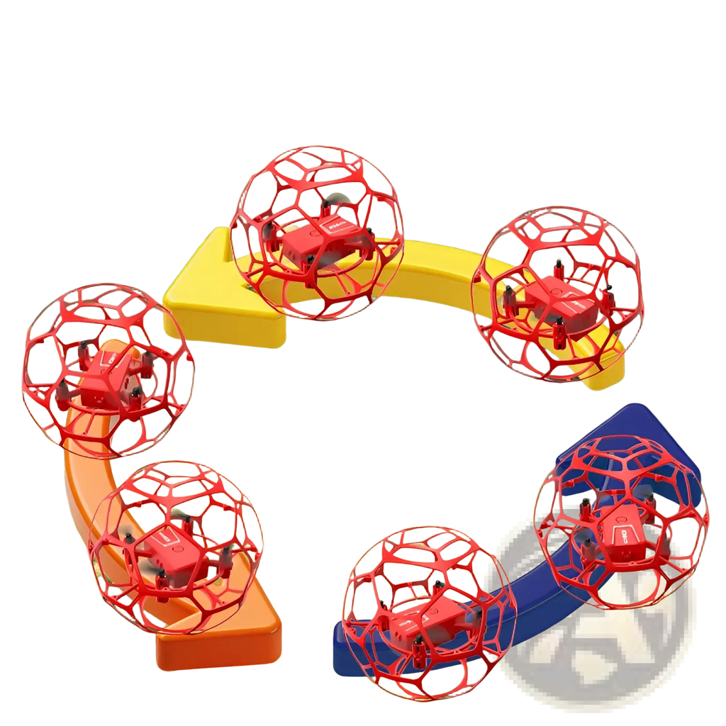 K26 football drone red dual battery kids toy featuring a red drone encased in a transparent red protective cage