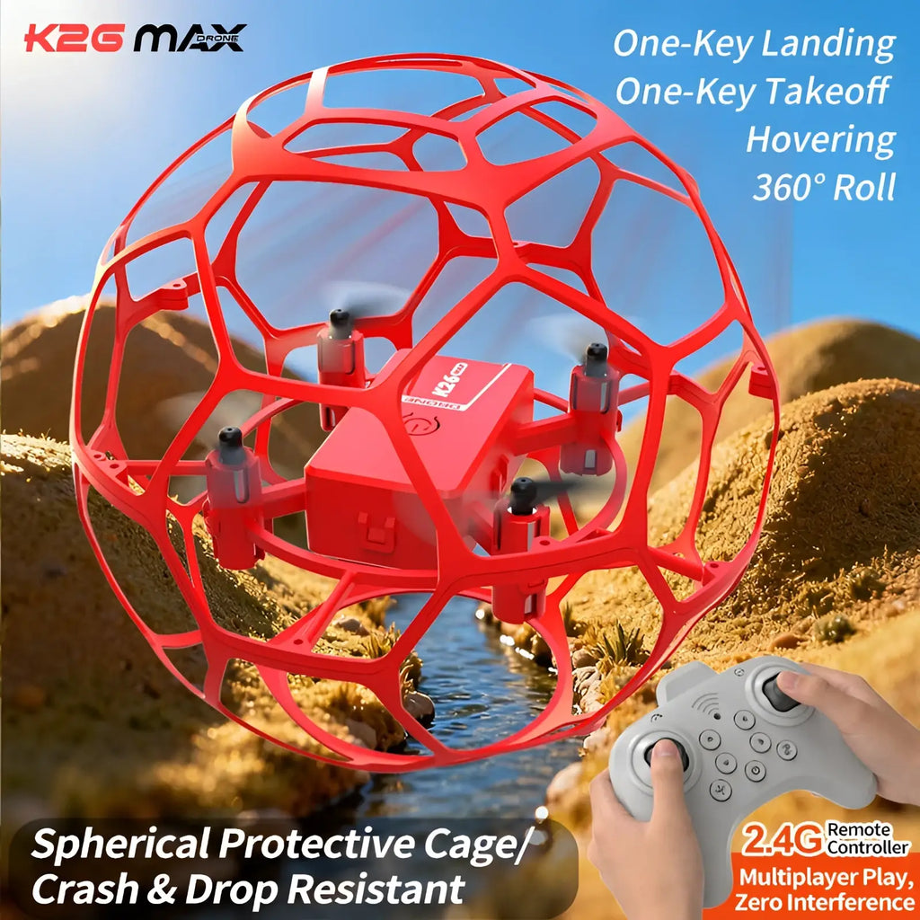 Red k2g max drone in a red spherical protective cage with dual battery designed as a kids football toy