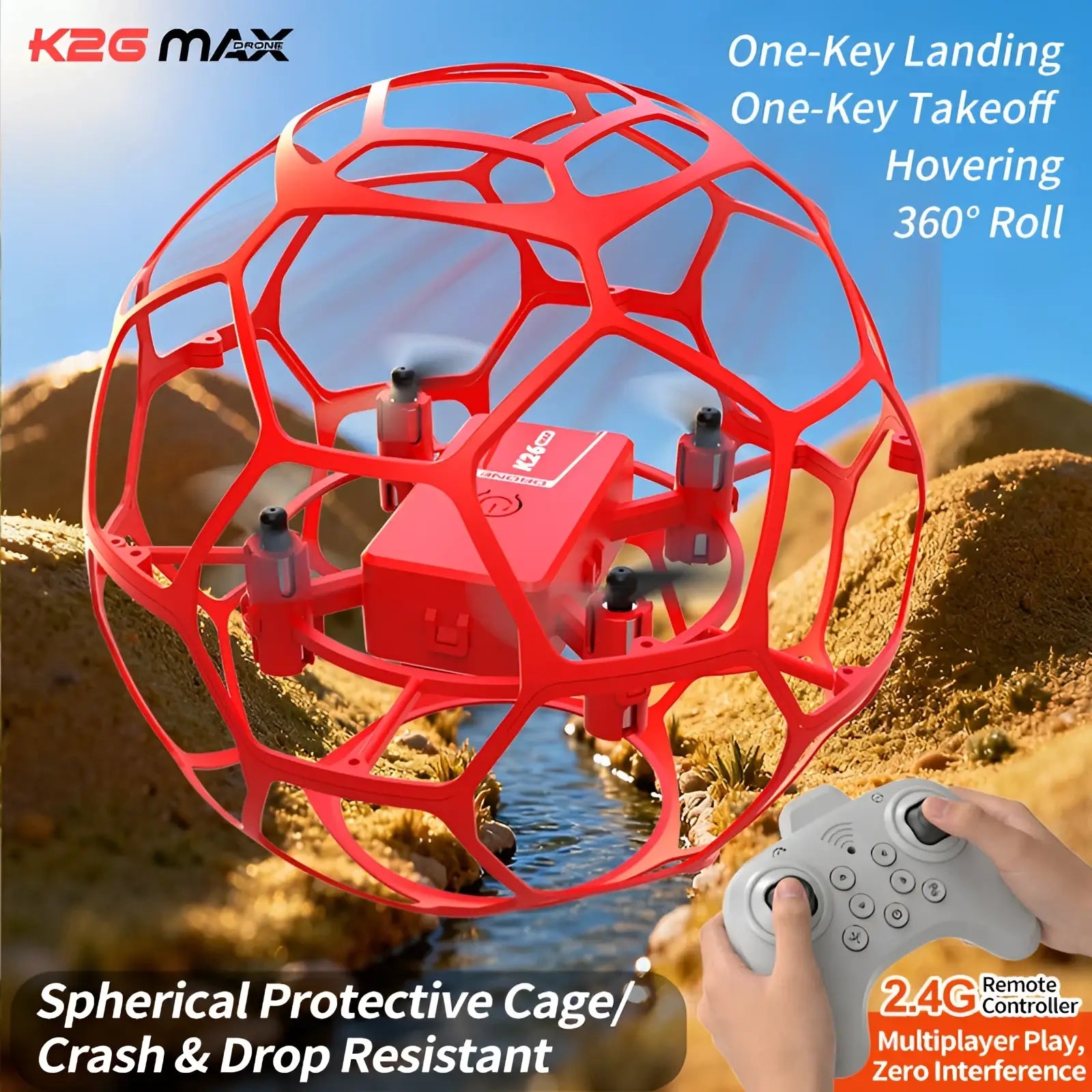 Red k2g max drone in a red spherical protective cage with dual battery designed as a kids football toy