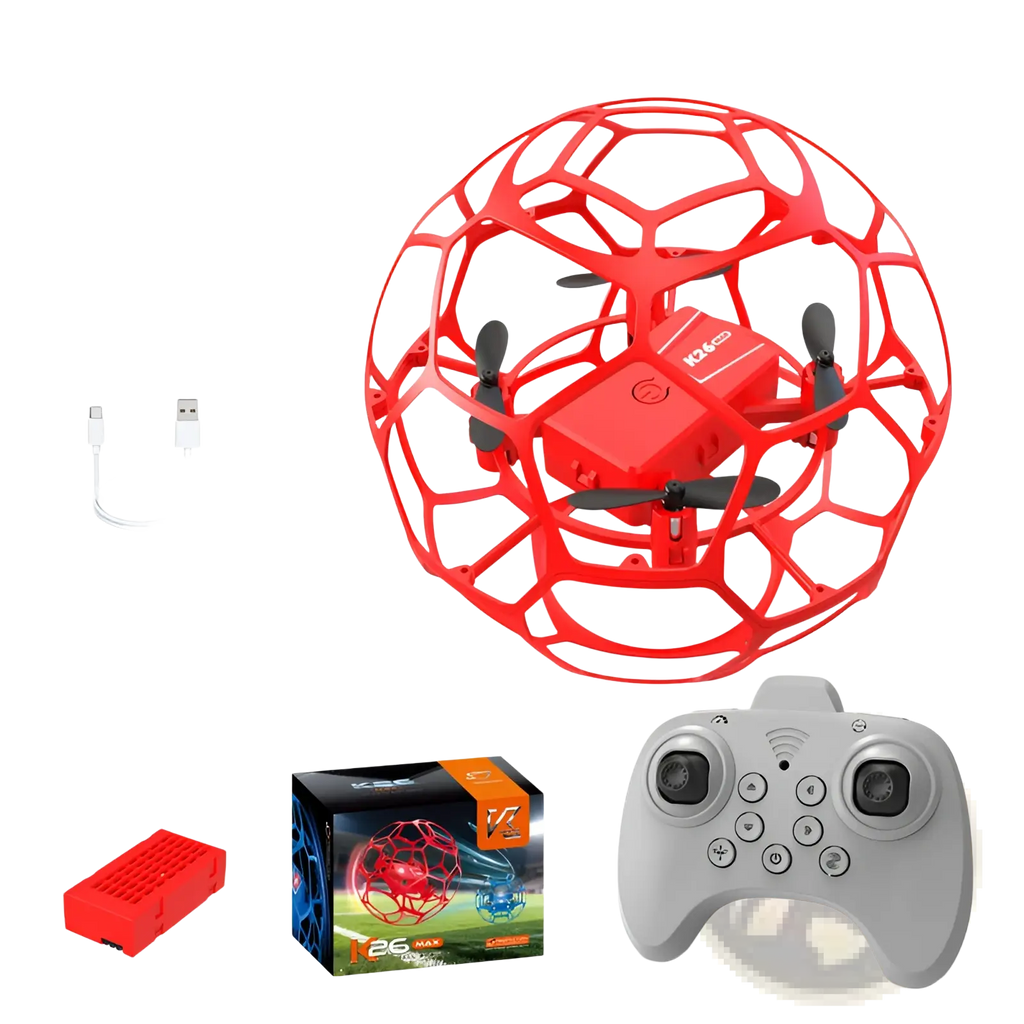 Red k2g max drone enclosed in spherical red protective cage dual battery kids toy for football play