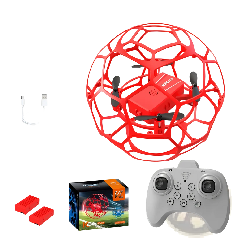 Red k2g max football drone enclosed in a red spherical cage with four propellers and remote control for kids toy use