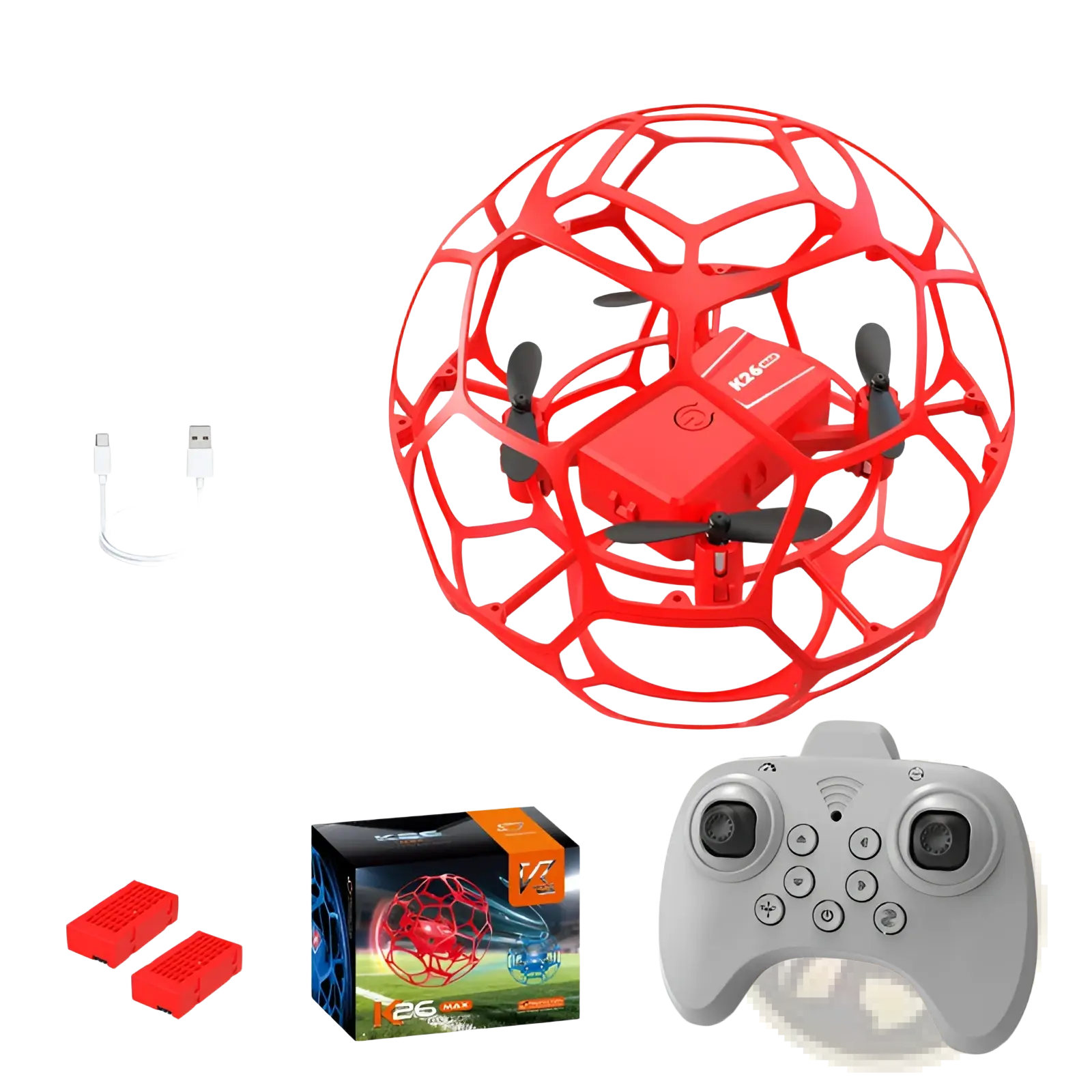 Red k2g max football drone enclosed in a red spherical cage with four propellers and remote control for kids toy use
