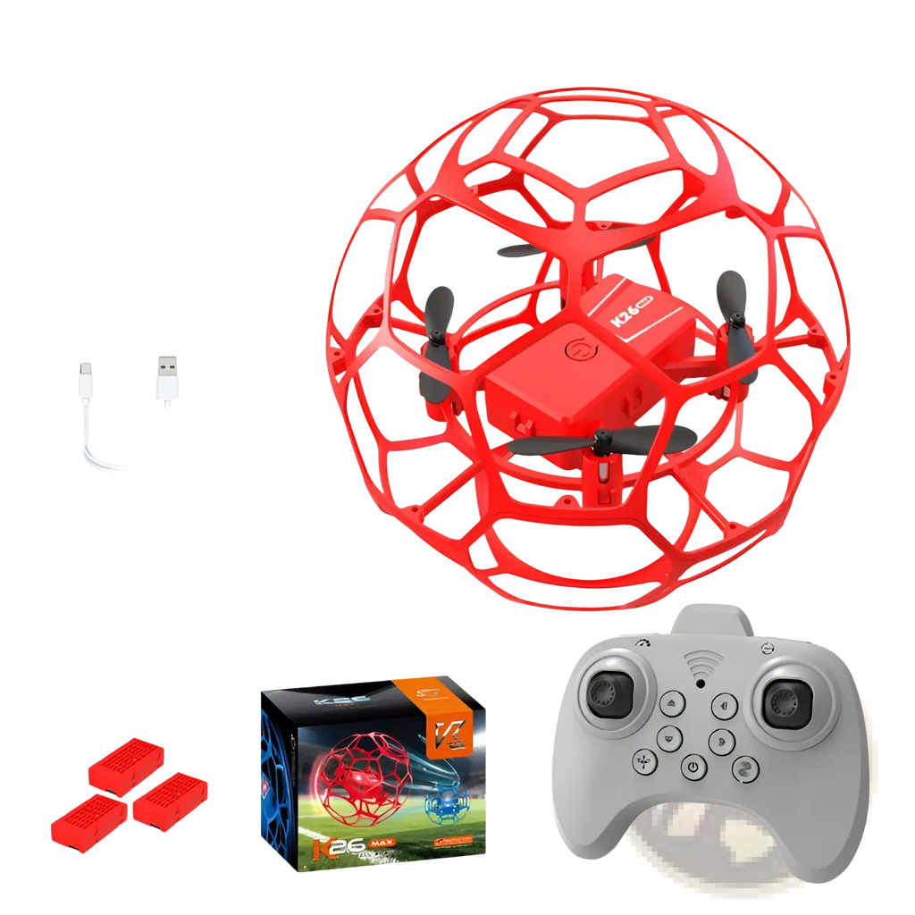 Red k2g max football drone in a spherical red protective cage with four propellers and included remote control