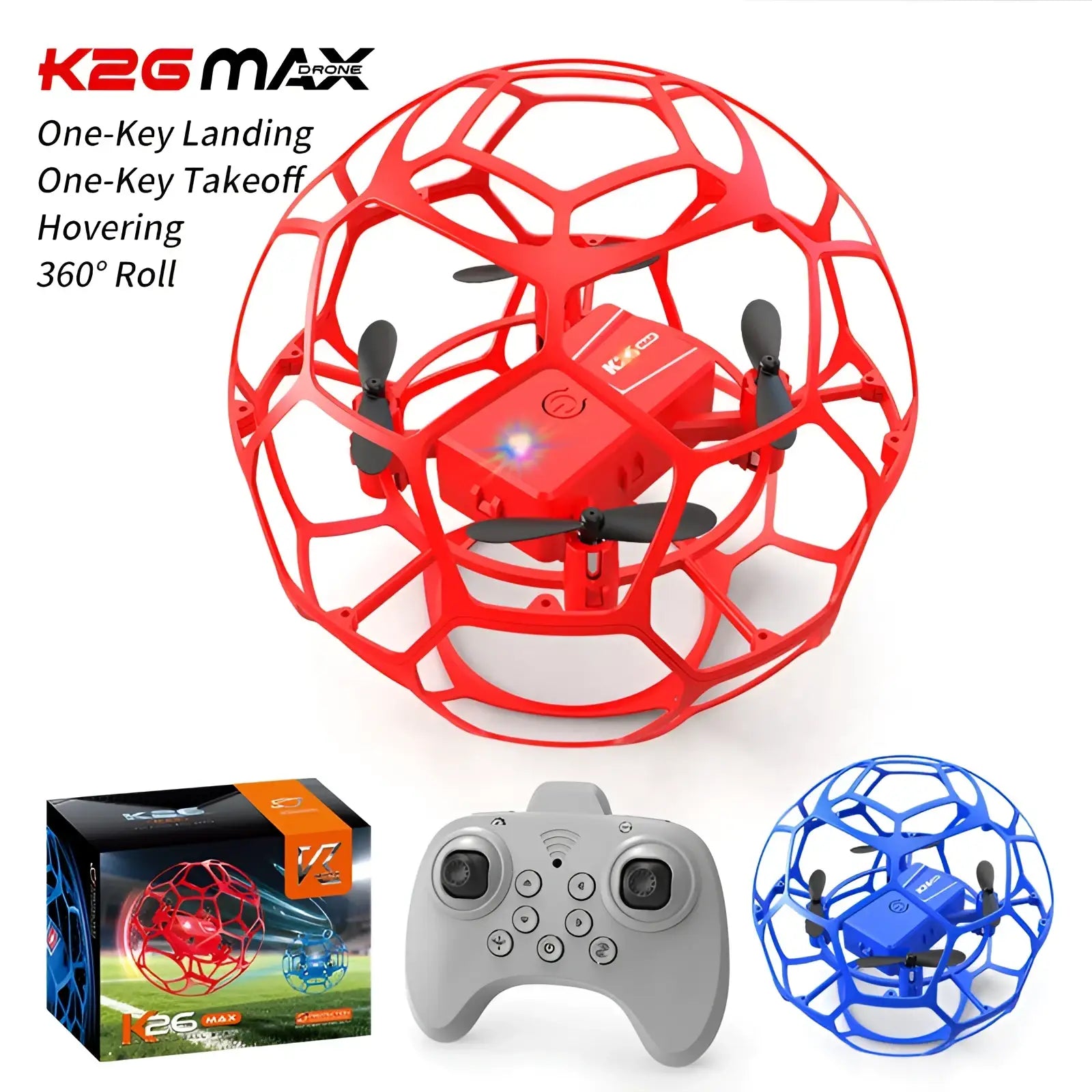 Red K2G Max football drone encased in a spherical cage with black propellers and visible branding for kids toy use
