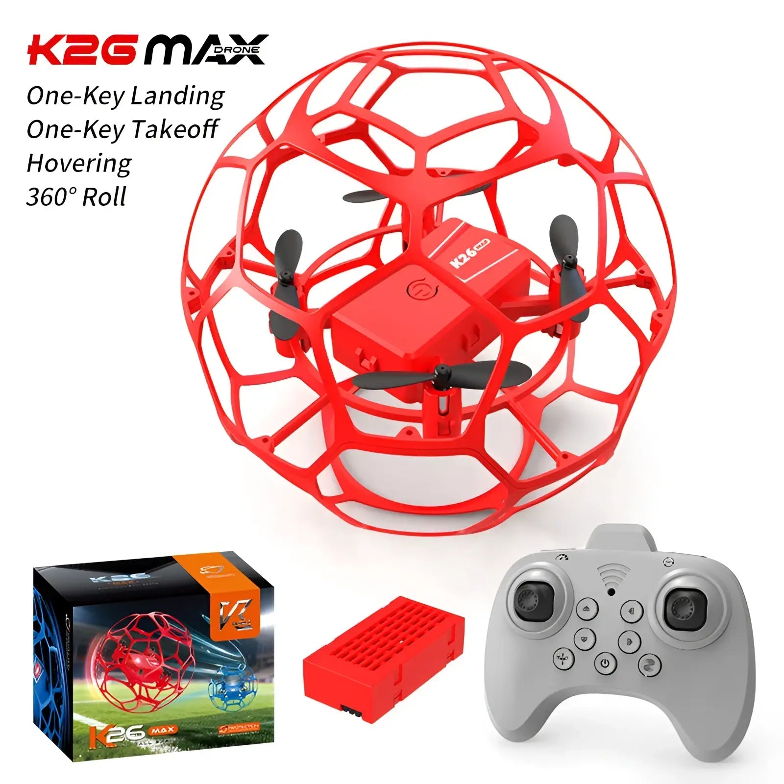 Red k2g max football drone encased in a spherical protective cage with black propellers for kids dual battery toy