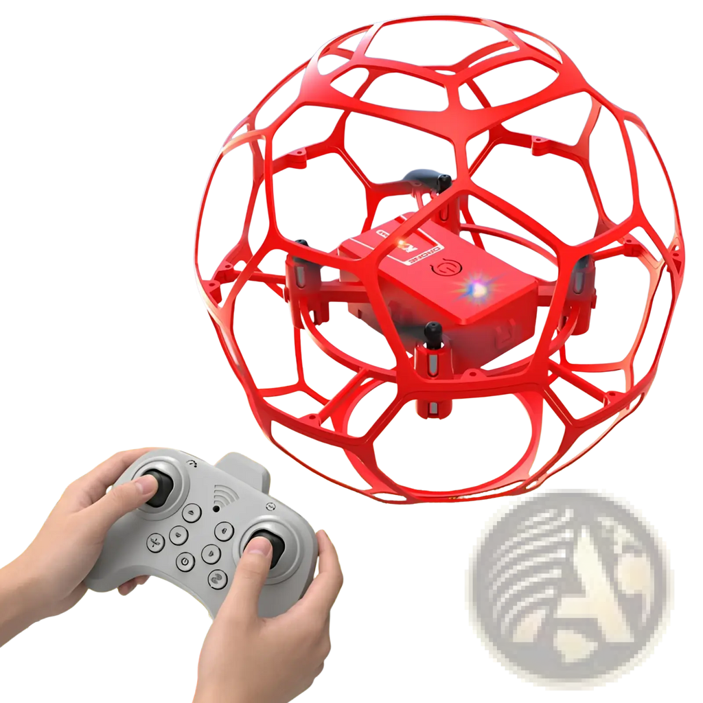 Red spherical protective cage enclosing red k26 football drone with propellers and control buttons for crash-resistant flight