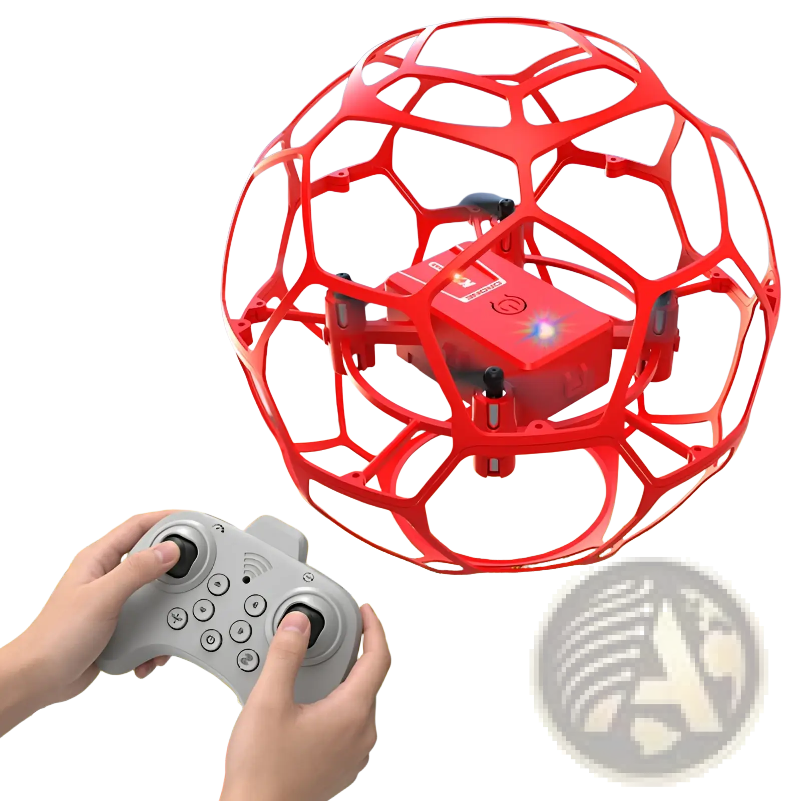 Red spherical protective cage enclosing red k26 football drone with propellers and control buttons for crash-resistant flight