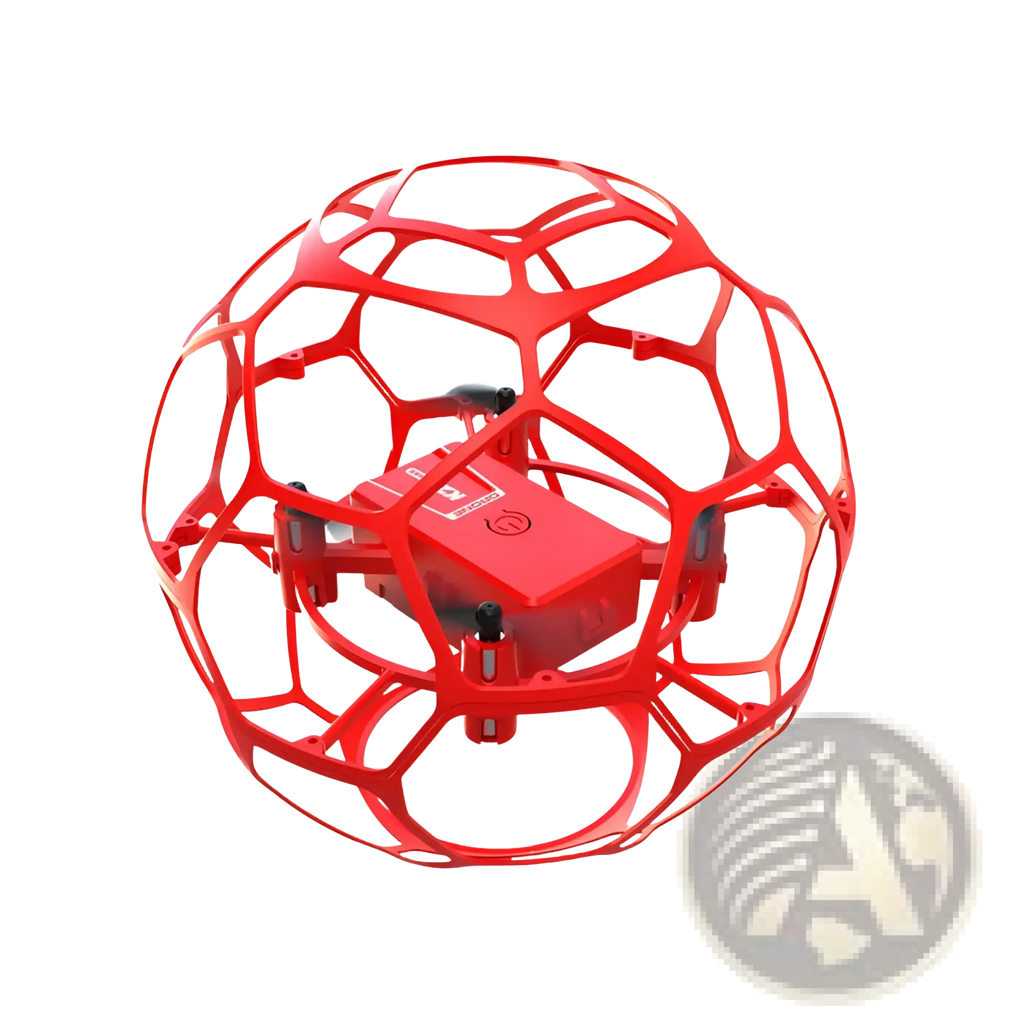 Red spherical drone enclosure with a glossy plastic shell and geometric lattice design housing a compact quadcopter for kids