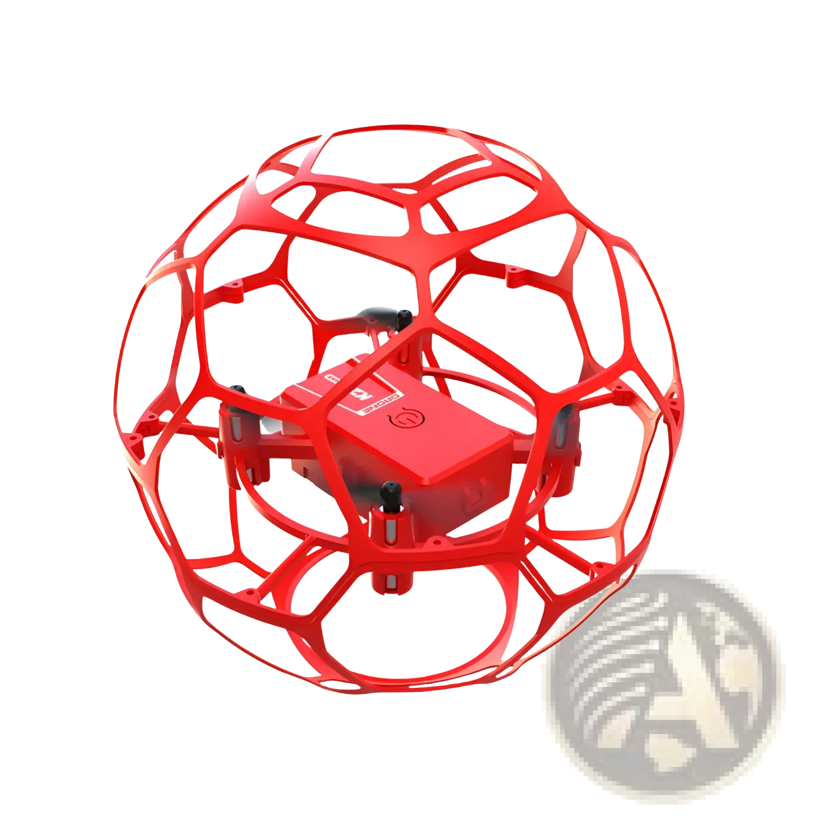 Red spherical drone enclosure with a glossy plastic shell and geometric lattice design housing a compact quadcopter for kids