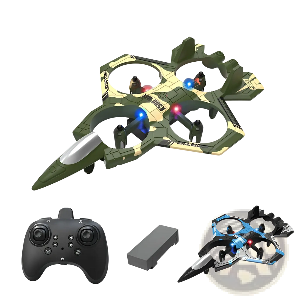 K500 max camouflage drone with four rotors and glowing blue and red lights featuring dual battery for extended use