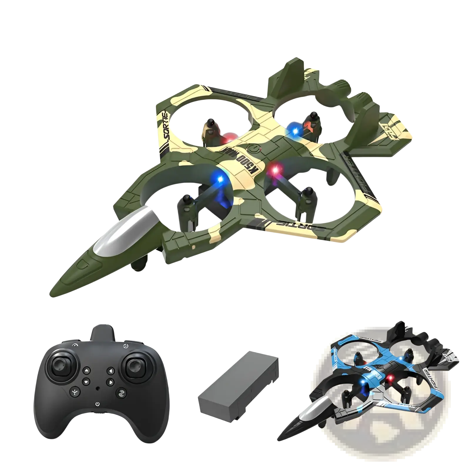 K500 max camouflage drone with four rotors and glowing blue and red lights featuring dual battery for extended use
