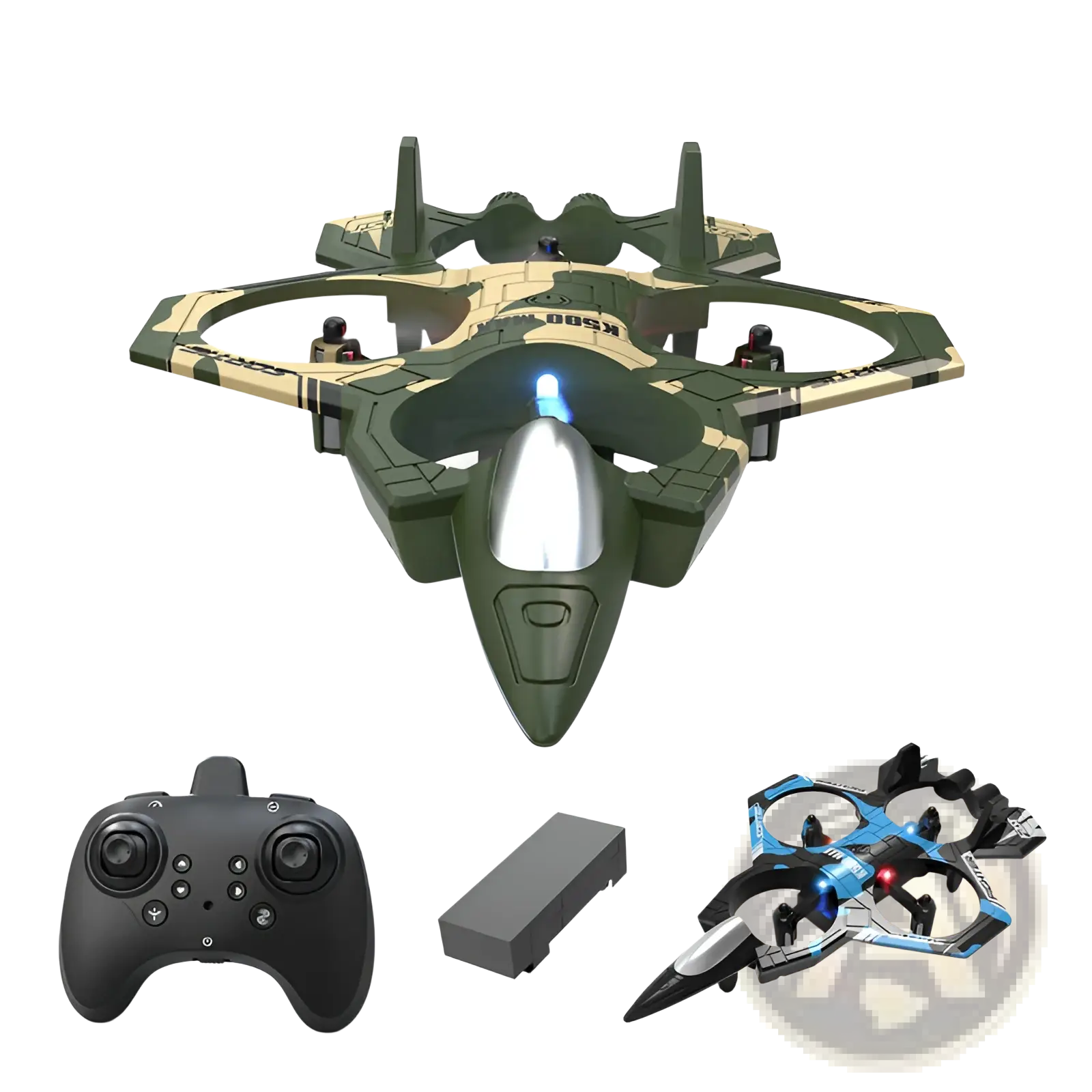 K500 Max camouflage drone featuring dual batteries a sleek military-inspired design and glowing blue nose light