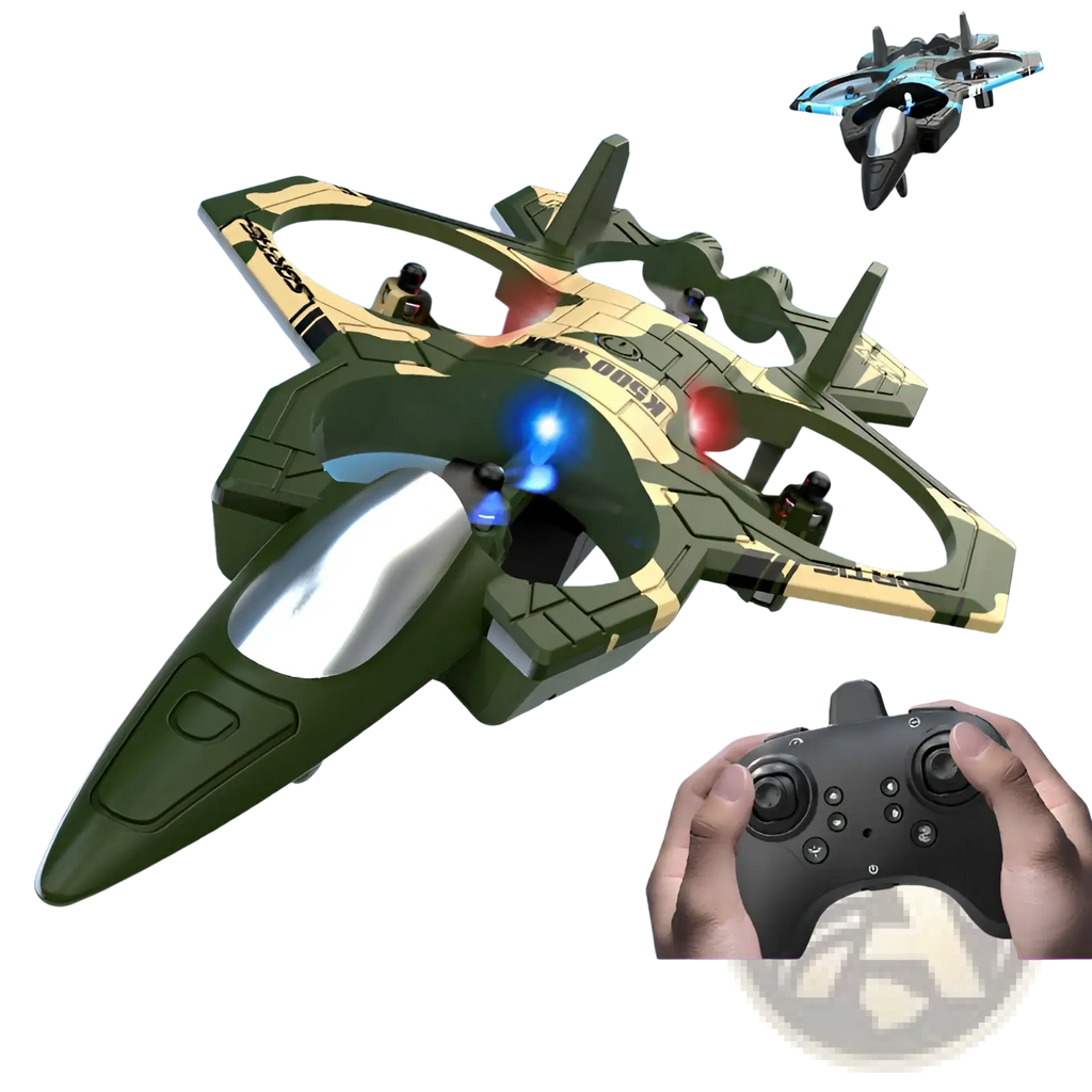 K500 Max camouflage remote-controlled fighter jet drone with blue and red LED lights and dual battery toy design