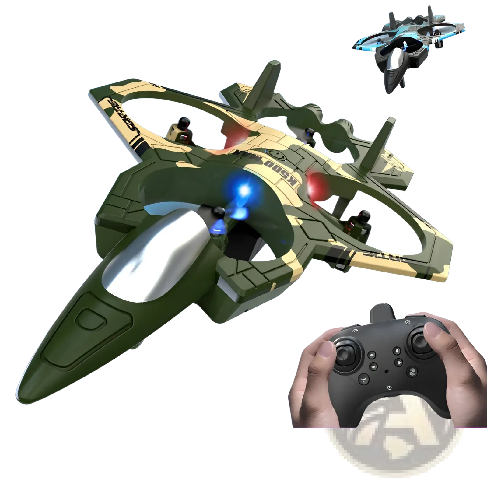 K500 Max camouflage remote-controlled fighter jet drone with blue and red LED lights and dual battery toy design