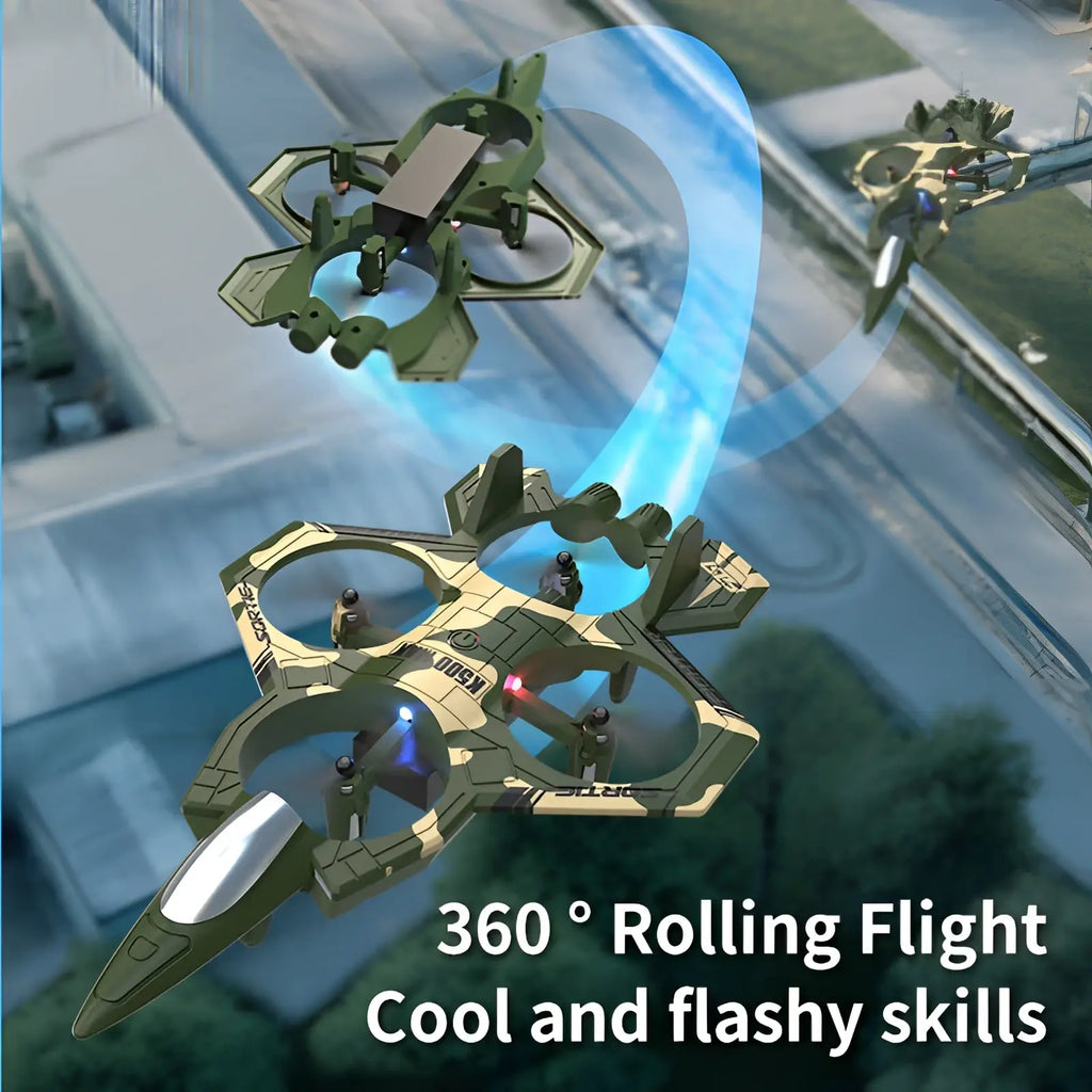 K500 max camouflage drone with dual battery features sleek angular design and glowing blue and red lights