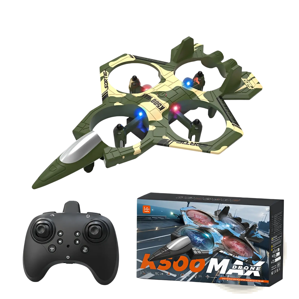 K500 max camouflage drone with green and beige design and blue and red led lights on its rotors for extended flight