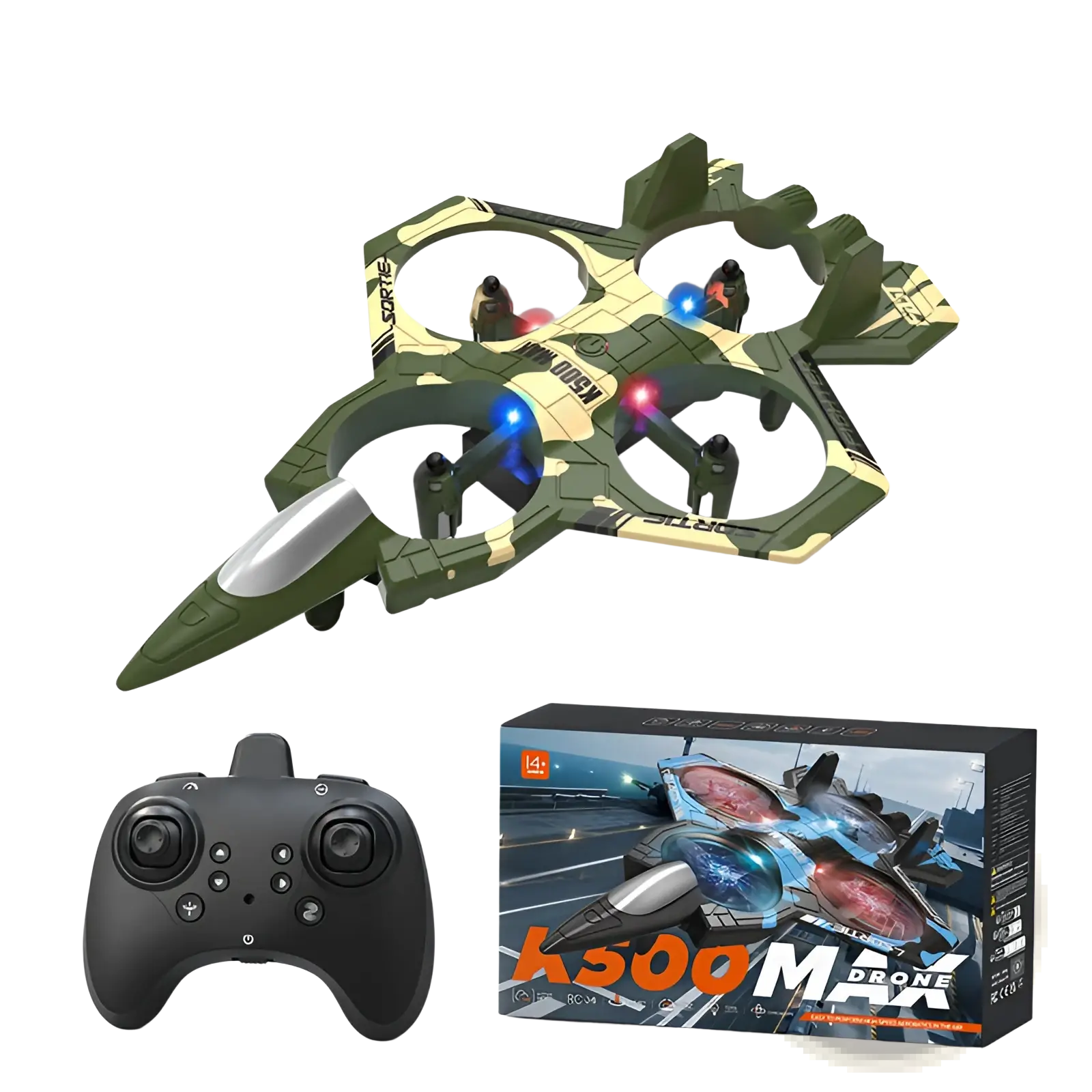 K500 max camouflage drone with green and beige design and blue and red led lights on its rotors for extended flight