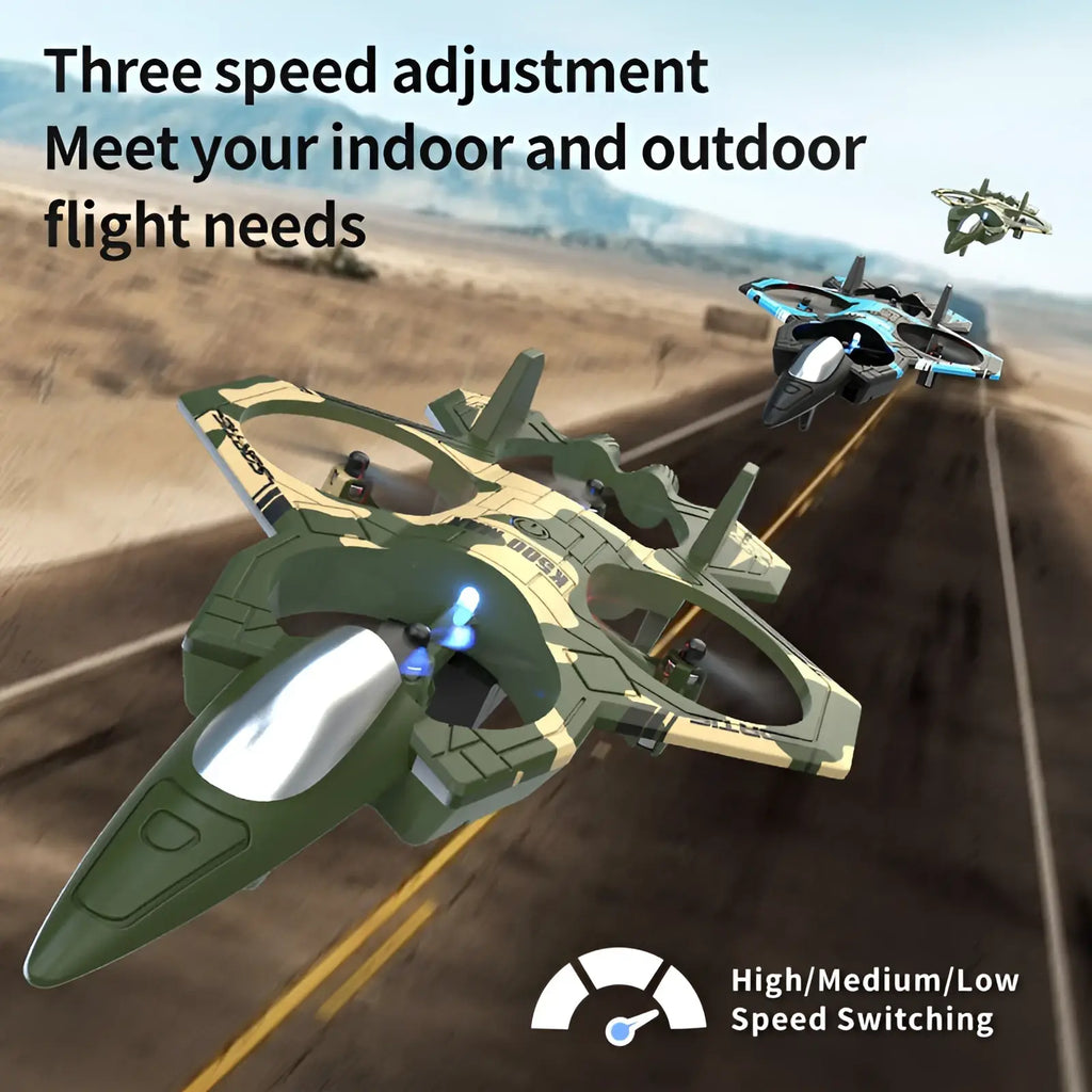 K500 Max camouflage drone toy in green and beige with dual battery and blue LED lights on propellers