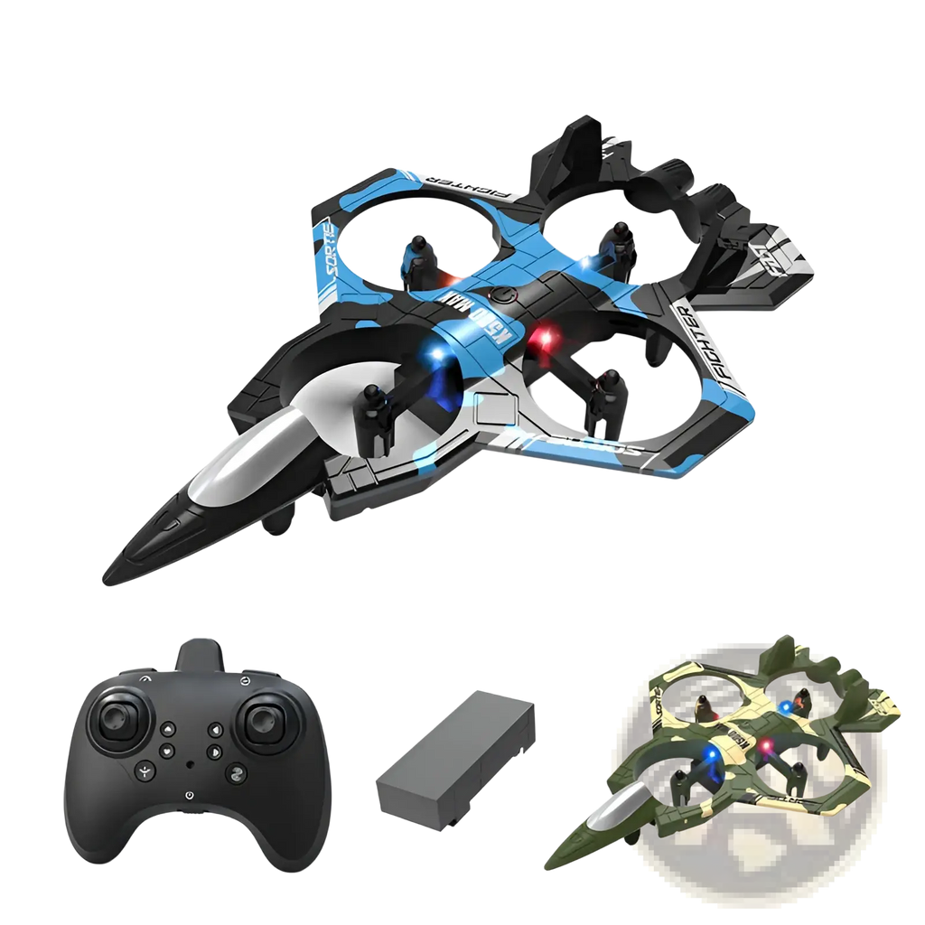 Blue and black k500 max drone with led lights and dual battery designed as a fighter jet toy for advanced flying