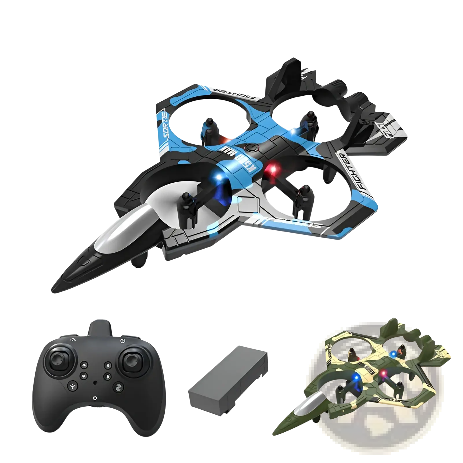 Blue and black k500 max drone with led lights and dual battery designed as a fighter jet toy for advanced flying