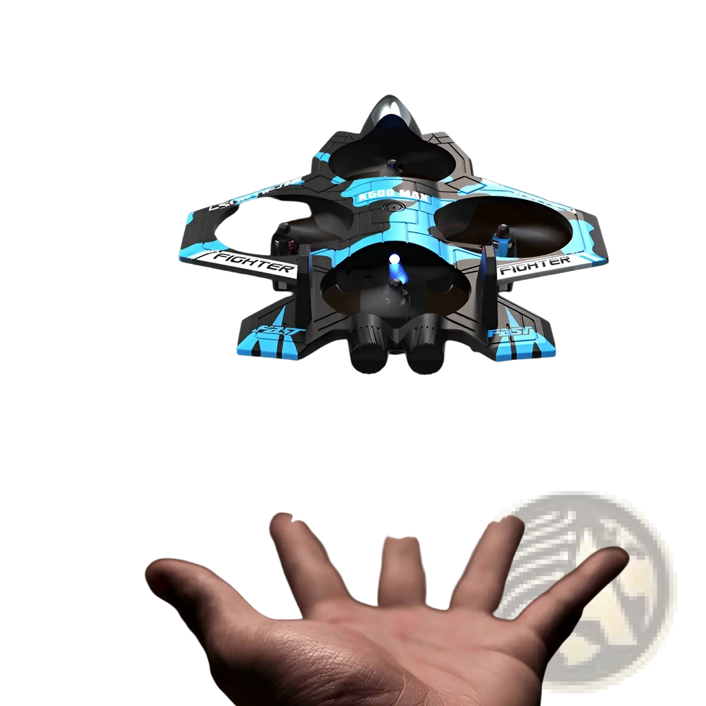Blue and black k500 max drone fighter jet toy with dual batteries and glowing lights for throwable aerial play