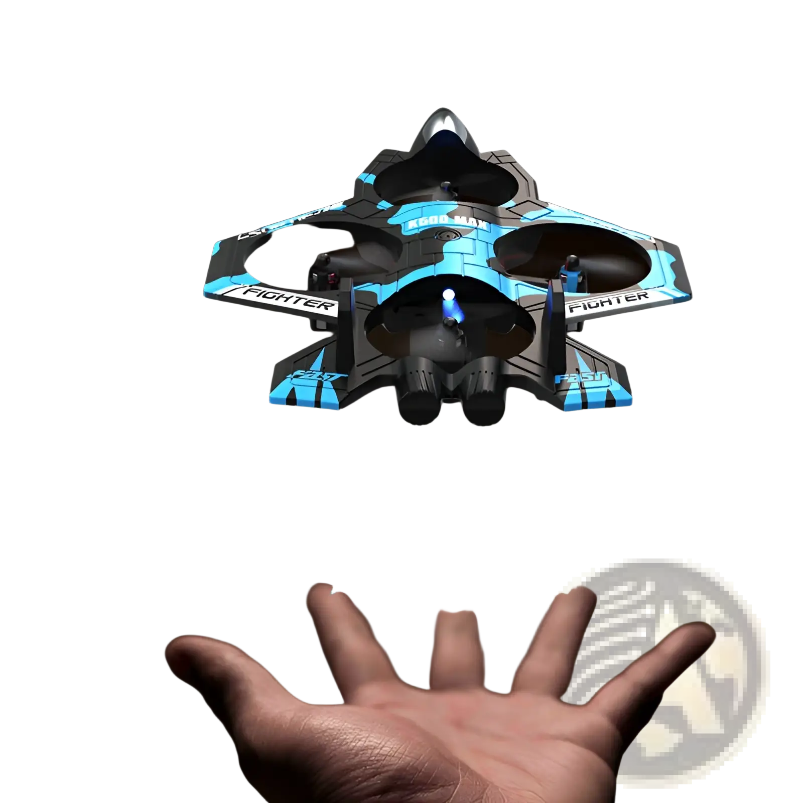 Blue and black k500 max drone fighter jet toy with dual batteries and glowing lights for throwable aerial play