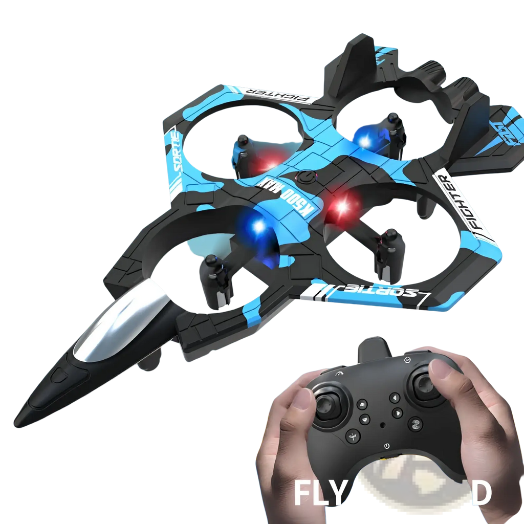 Blue and black remote-controlled K500 Max drone with red and blue LED lights designed as dual battery fighter jet toy