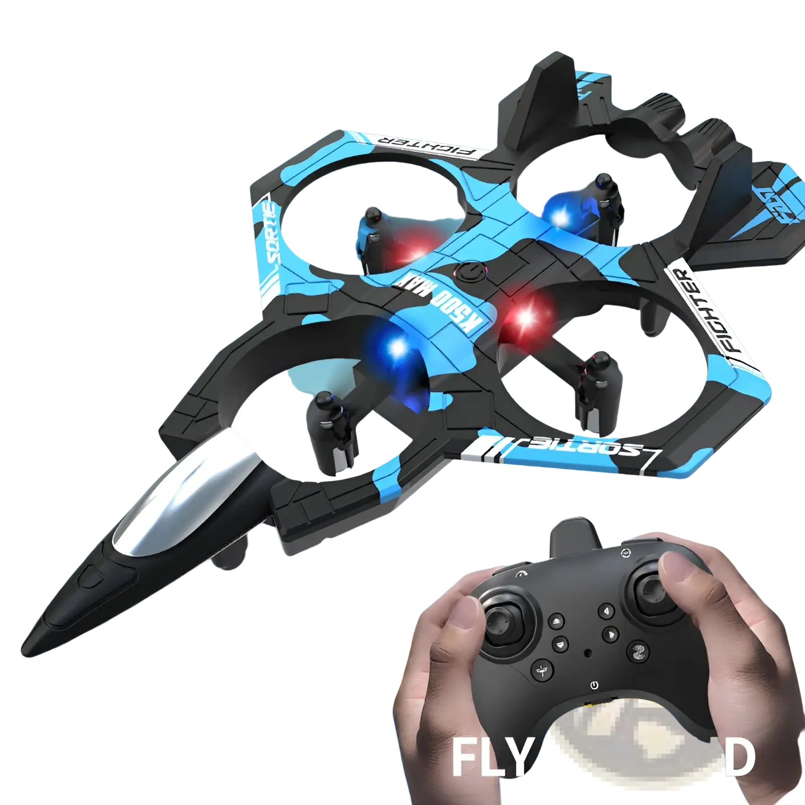 Blue and black remote-controlled K500 Max drone with red and blue LED lights designed as dual battery fighter jet toy