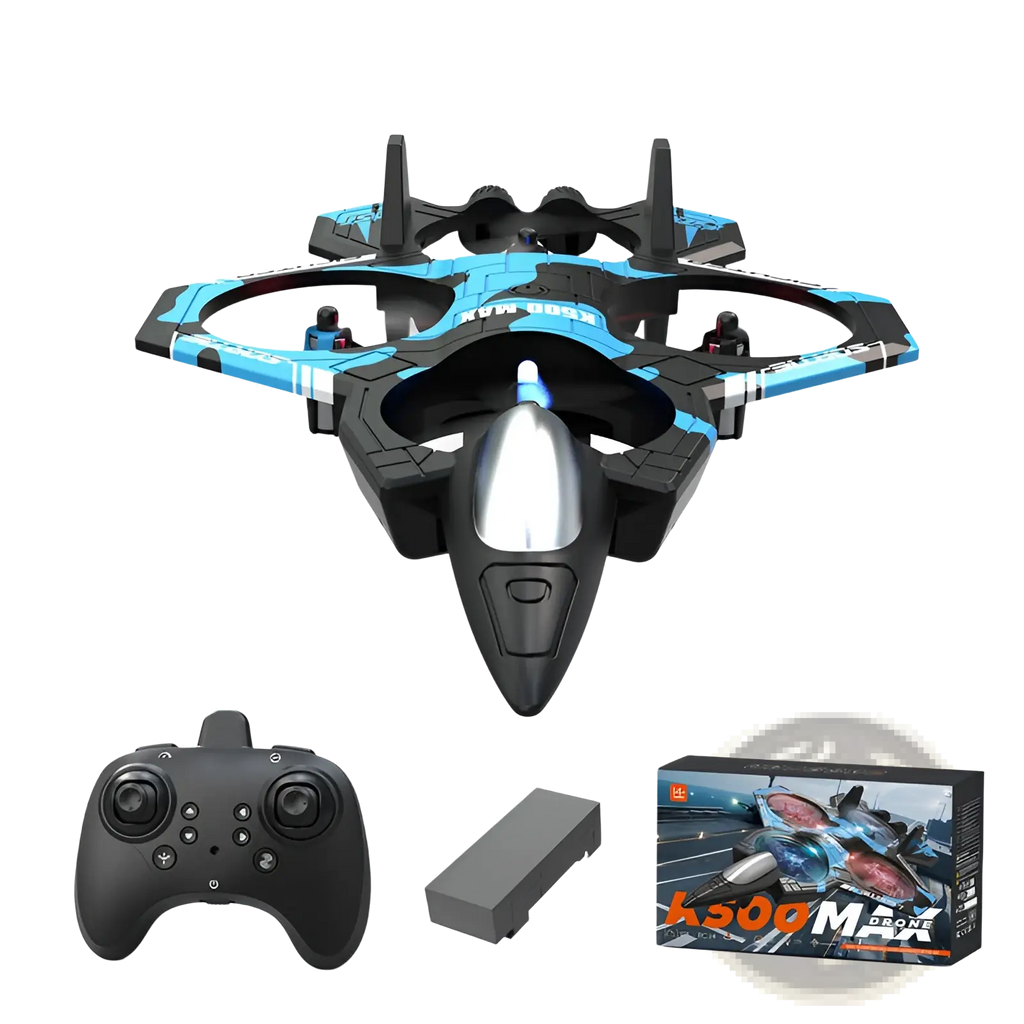 Blue and black k500 max drone with sleek futuristic design featured in dual battery fighter jet toy model