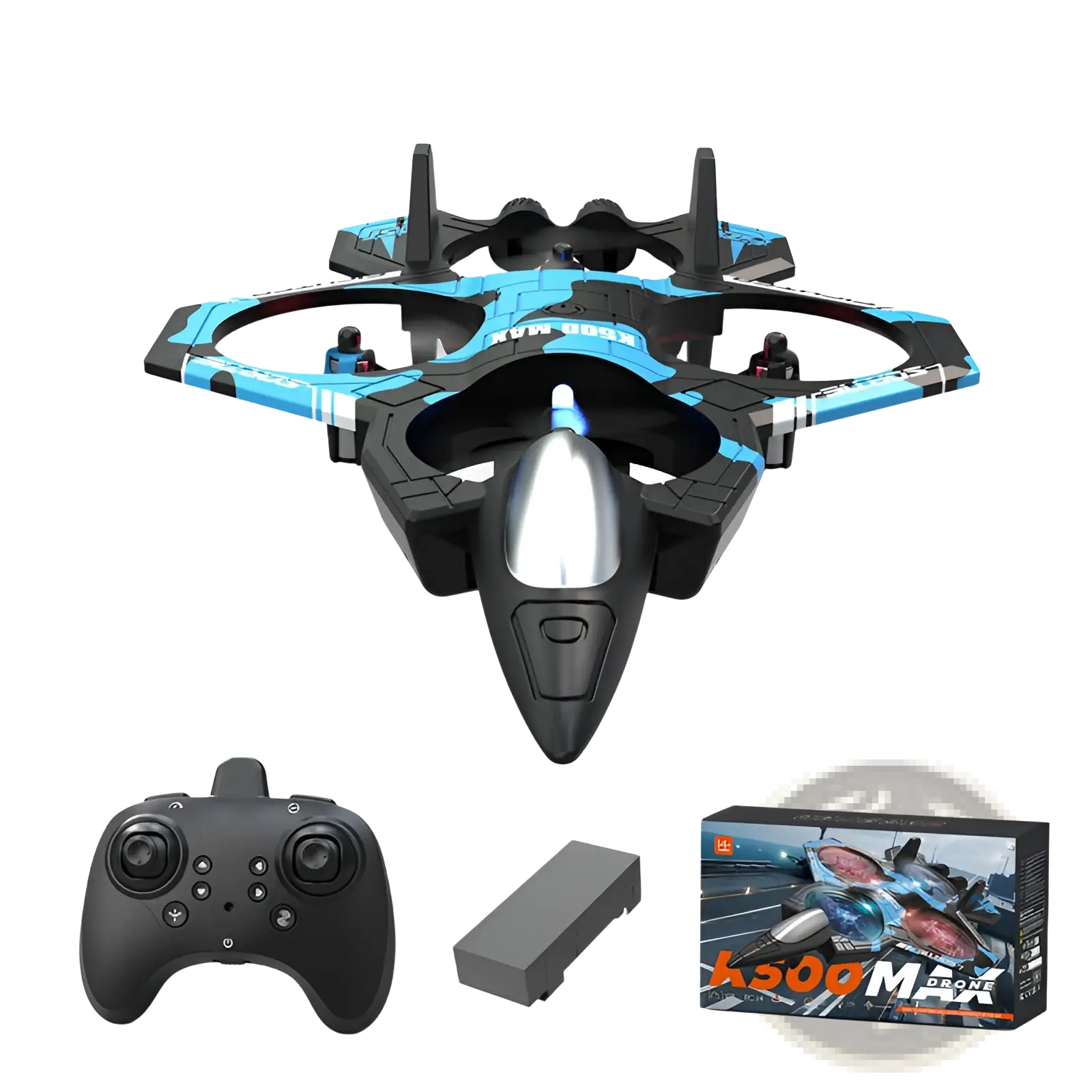 Blue and black k500 max drone with sleek futuristic design featured in dual battery fighter jet toy model