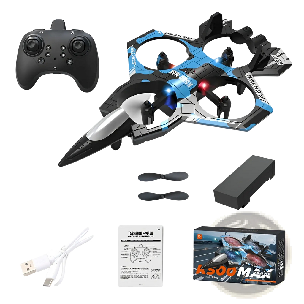 K500 Max drone blue dual battery with blue and black fighter jet design and silver accents remote control toy