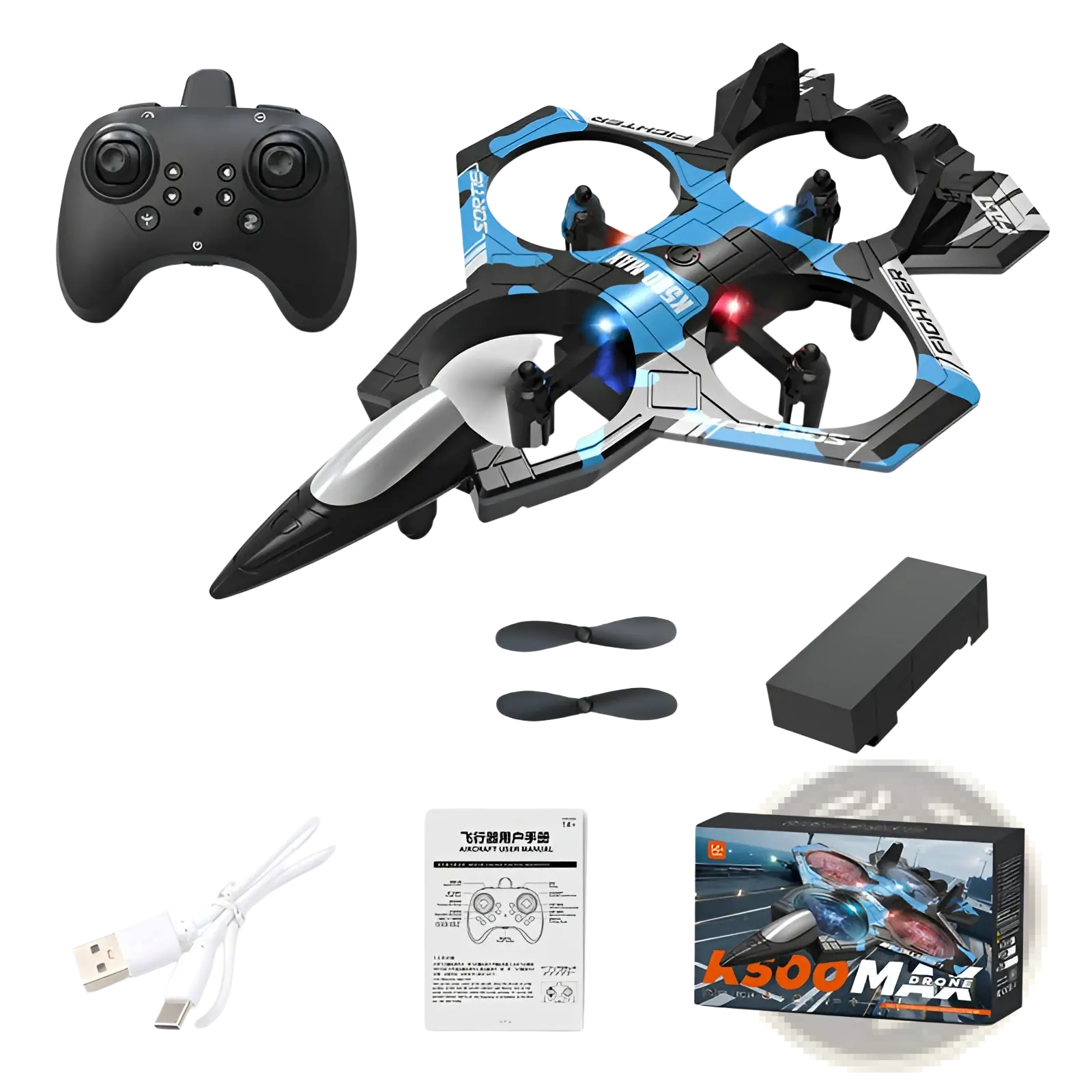 K500 Max drone blue dual battery with blue and black fighter jet design and silver accents remote control toy