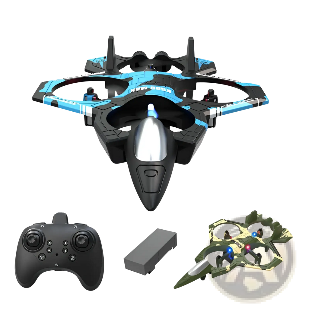 Blue and black k500 max drone with sleek futuristic design and dual battery for extended flight time