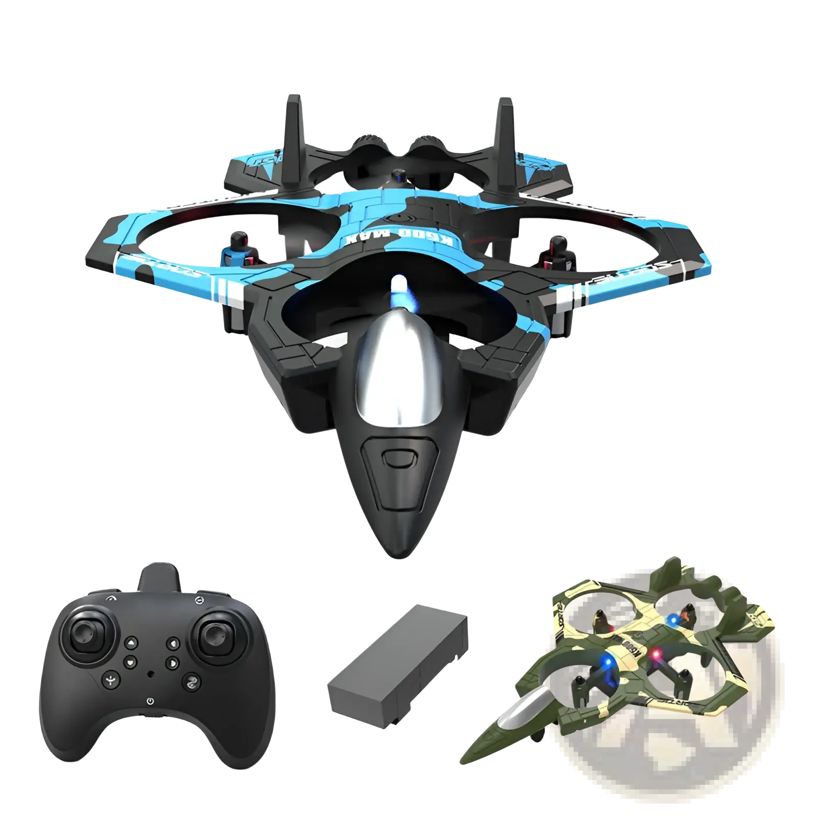 Blue and black k500 max drone with sleek futuristic design and dual battery for extended flight time