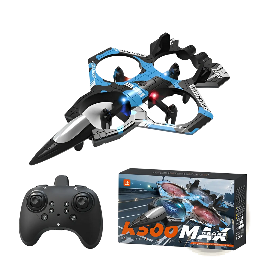 Blue and black k500 max drone with sleek futuristic design and glowing red and blue lights on propellers for dual battery use