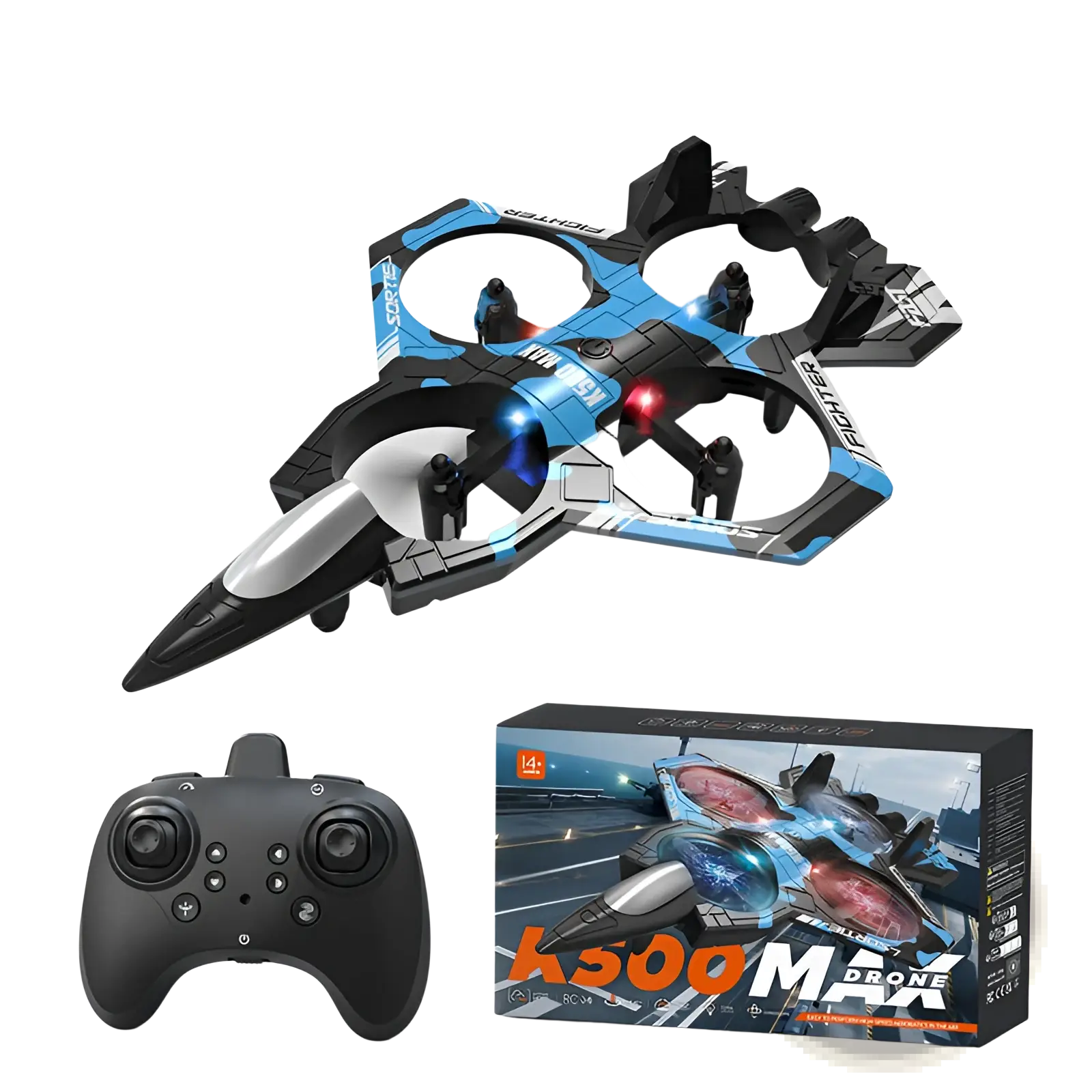 Blue and black k500 max drone with sleek futuristic design and glowing red and blue lights on propellers for dual battery use