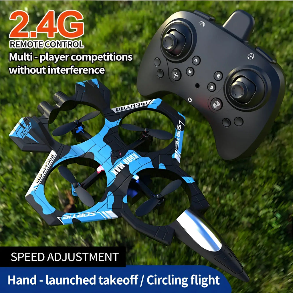 Black and blue k500 max drone with sleek angular design and white accents dual battery fighter jet toy