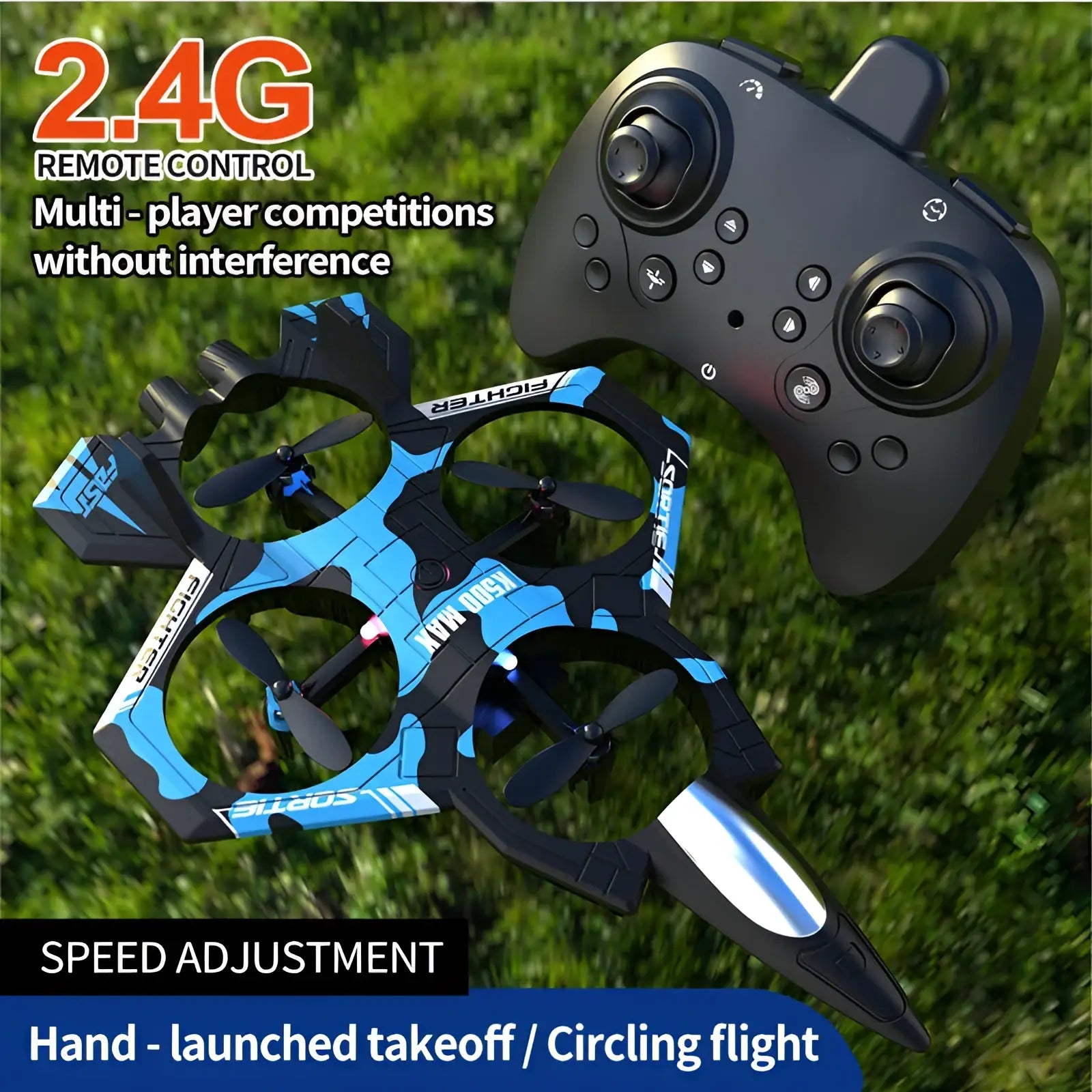 Black and blue k500 max drone with sleek angular design and white accents dual battery fighter jet toy