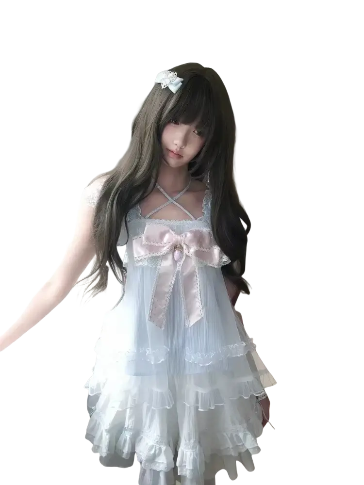 A kawaii 2-piece outfit set pullover with elastic waist featuring a delicate white lace dress with soft pink bow and ruffled tiers