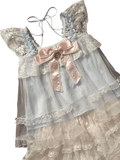 Kawaii 2-piece outfit set pullover featuring pastel blue white lace top with ruffled tiers satin pink bow and sheer mesh detailing closure type and waist cm sleeve information included