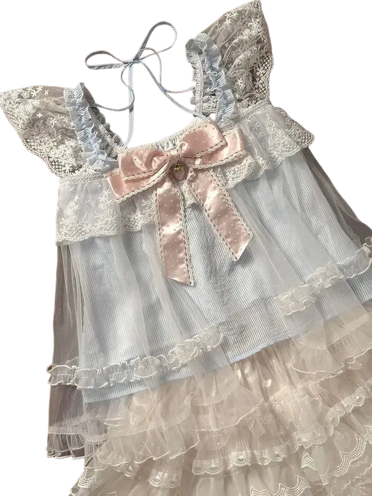 Kawaii 2-piece outfit set pullover featuring pastel blue white lace top with ruffled tiers satin pink bow and sheer mesh detailing closure type and waist cm sleeve information included
