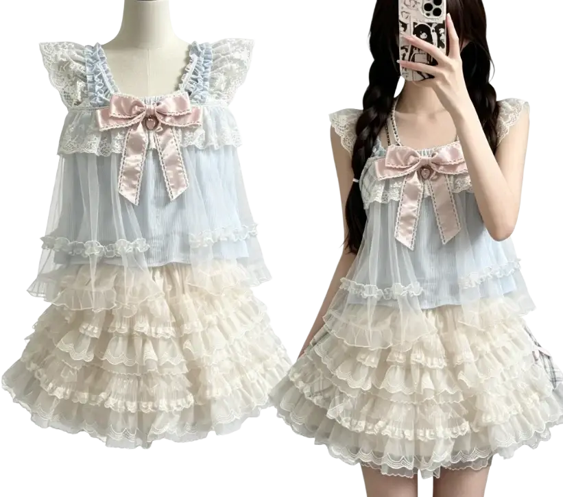 Kawaii 2-piece outfit set pullover with elastic waist featuring a pastel blue cream layered ruffle dress lace trim closure type